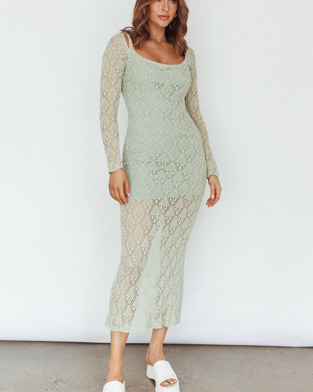 Sage Long Sleeve Crochet Midi Dress
