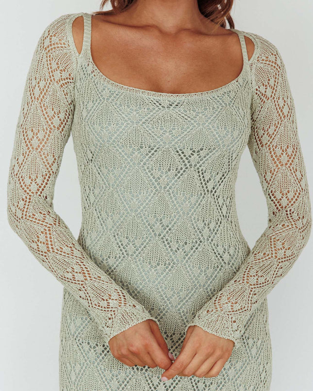 Sage Long Sleeve Crochet Midi Dress