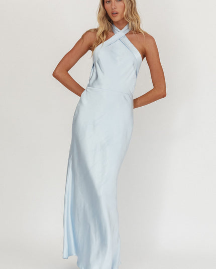 Ice Blue Azure Crossover Halterneck Maxi Dress