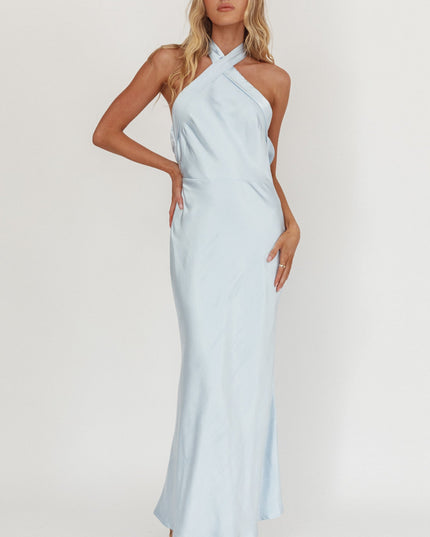 Ice Blue Azure Crossover Halterneck Maxi Dress