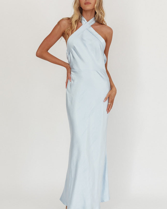 Ice Blue Azure Crossover Halterneck Maxi Dress