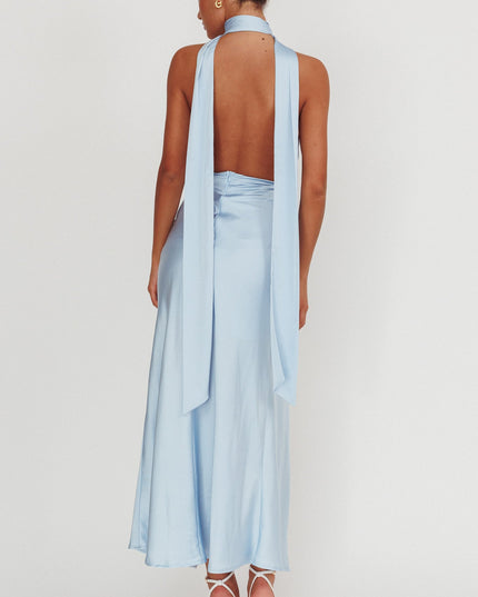 Blue Azure Halterneck Rosette Maxi Dress