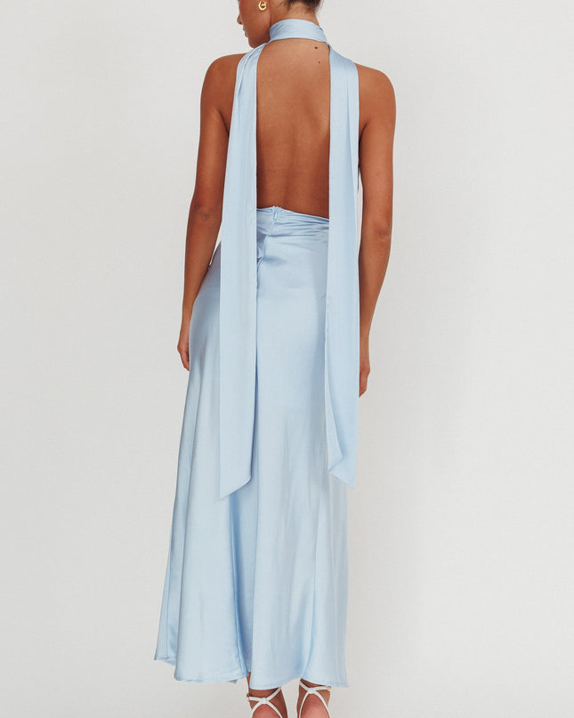 Blue Azure Halterneck Rosette Maxi Dress