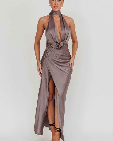 Grey Azure Halterneck Rosette Maxi Dress
