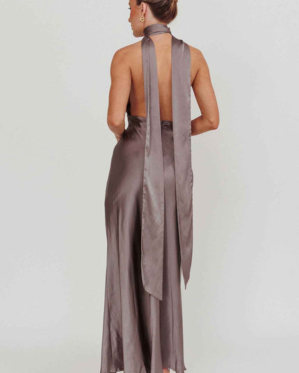 Grey Azure Halterneck Rosette Maxi Dress