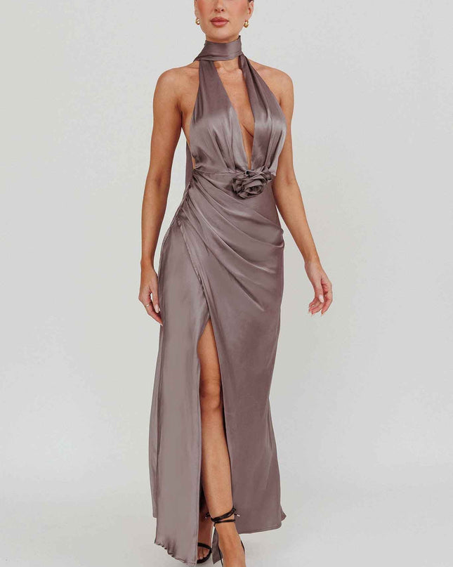 Grey Azure Halterneck Rosette Maxi Dress