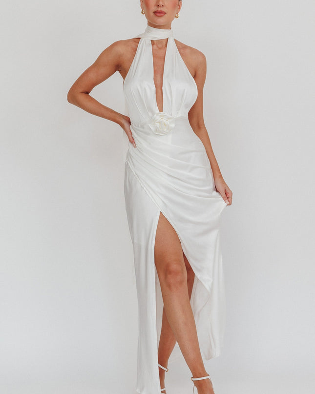 Oyster Azure Halterneck Rosette Maxi Dress