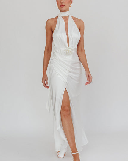 Oyster Azure Halterneck Rosette Maxi Dress