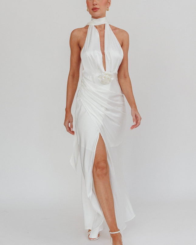 Oyster Azure Halterneck Rosette Maxi Dress