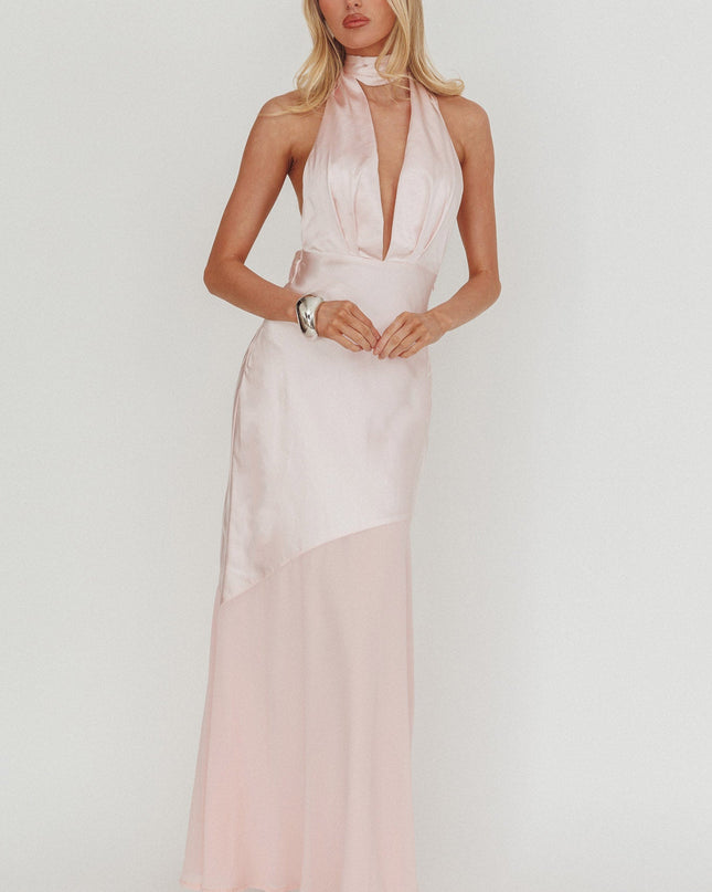 Blush Azure Halterneck Sheer Hem Maxi Dress