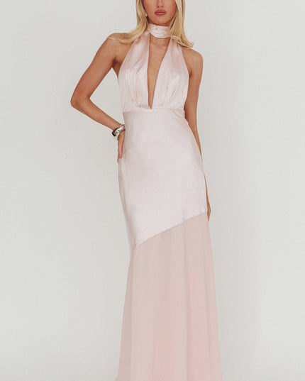 Blush Azure Halterneck Sheer Hem Maxi Dress