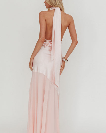 Blush Azure Halterneck Sheer Hem Maxi Dress
