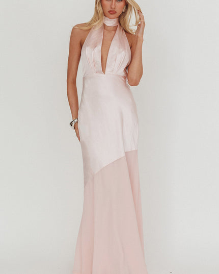 Blush Azure Halterneck Sheer Hem Maxi Dress