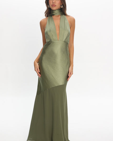 Olive Azure Halterneck Sheer Hem Maxi Dress