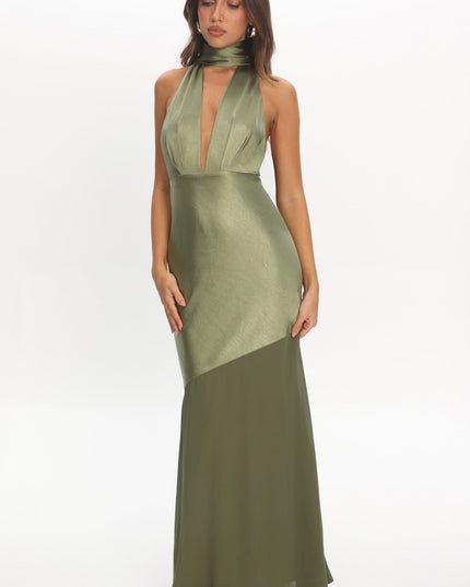 Olive Azure Halterneck Sheer Hem Maxi Dress