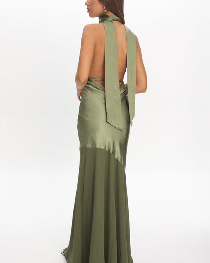 Olive Azure Halterneck Sheer Hem Maxi Dress