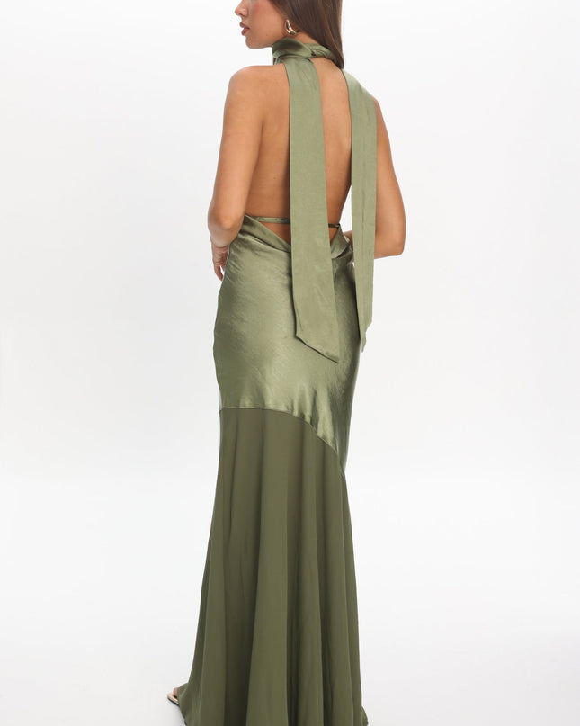Olive Azure Halterneck Sheer Hem Maxi Dress