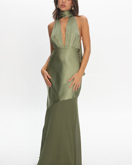Olive Azure Halterneck Sheer Hem Maxi Dress