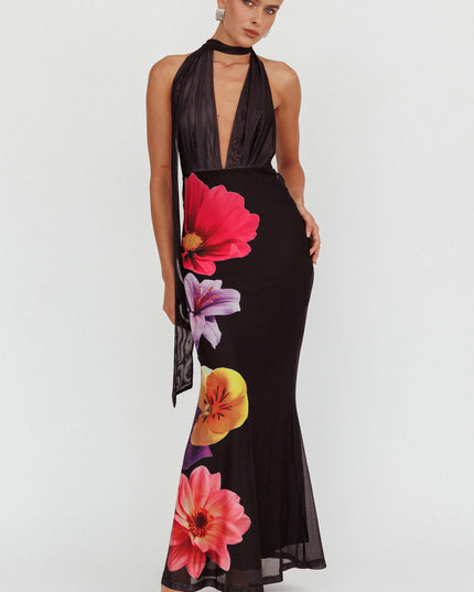 Black Azure Halterneck Maxi Dress Flowers