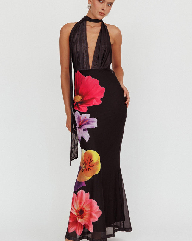 Black Azure Halterneck Maxi Dress Flowers