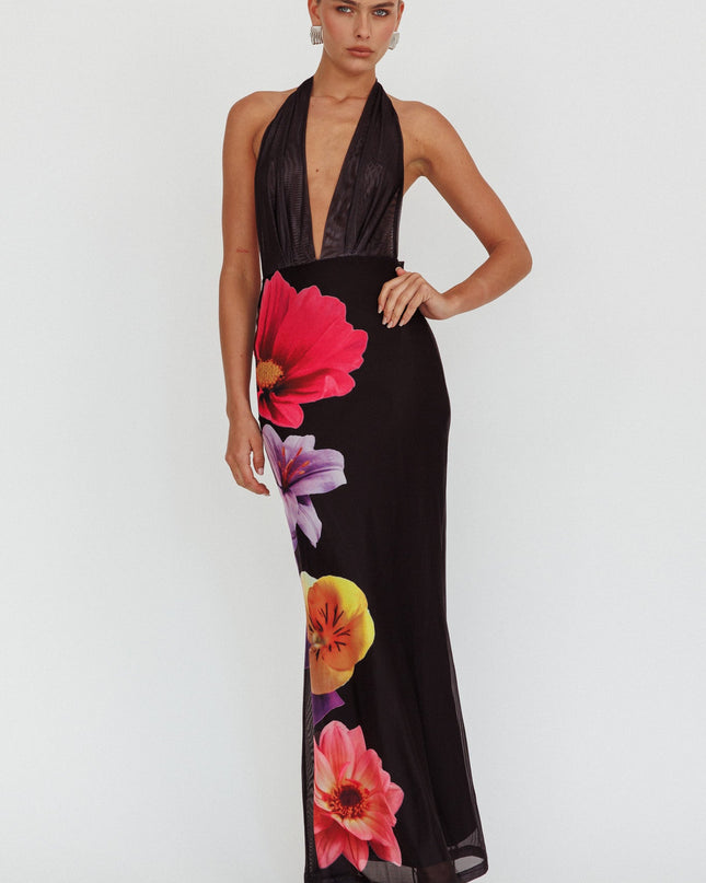Black Azure Halterneck Maxi Dress Flowers