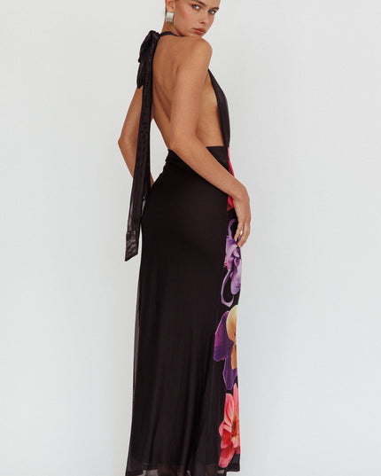 Black Azure Halterneck Maxi Dress Flowers