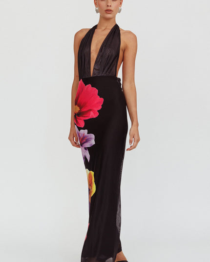 Black Azure Halterneck Maxi Dress Flowers
