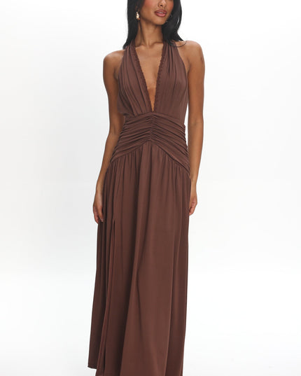 Chocolate Halterneck Ruched Maxi Dress