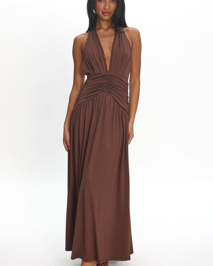 Chocolate Halterneck Ruched Maxi Dress