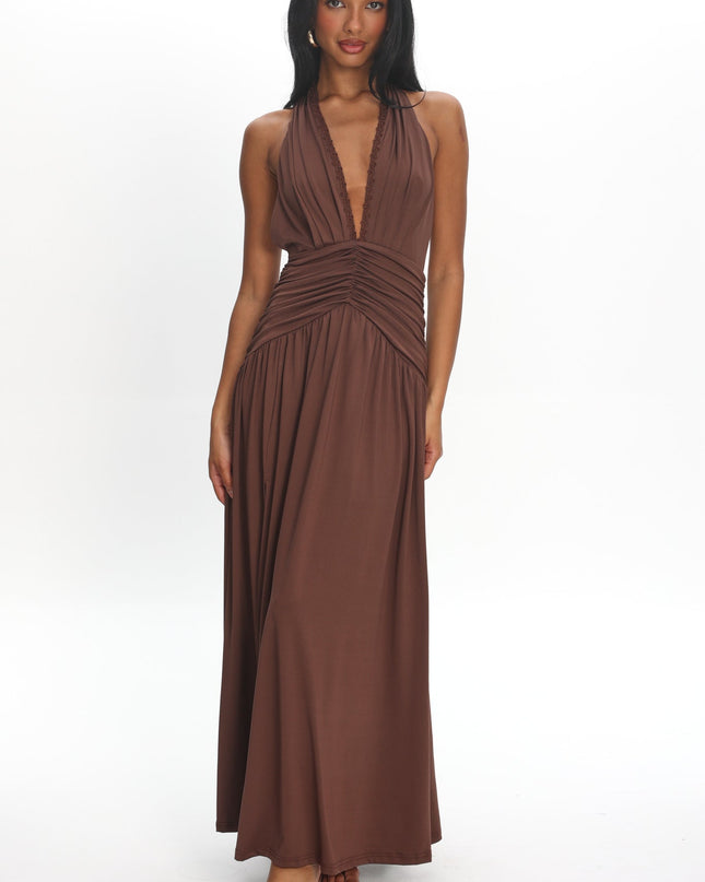 Chocolate Halterneck Ruched Maxi Dress