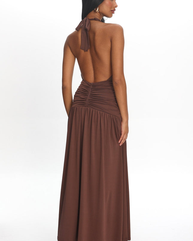 Chocolate Halterneck Ruched Maxi Dress