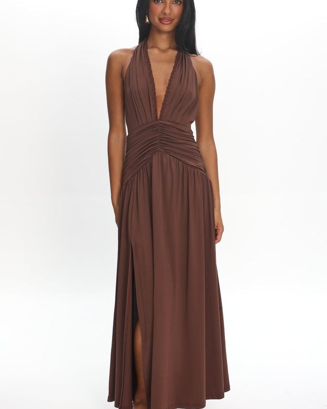 Chocolate Halterneck Ruched Maxi Dress