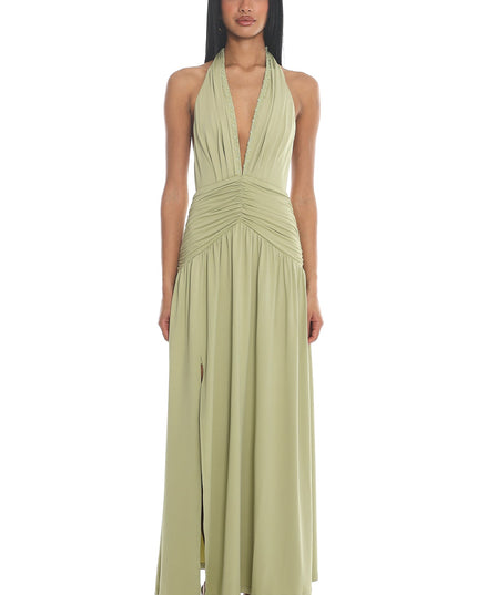 Sage Halterneck Ruched Maxi Dress