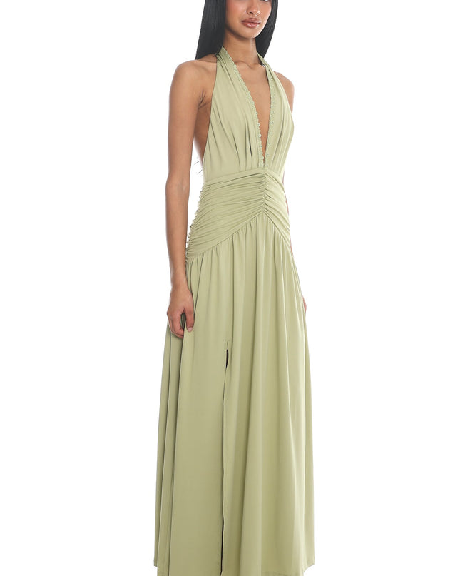 Sage Halterneck Ruched Maxi Dress