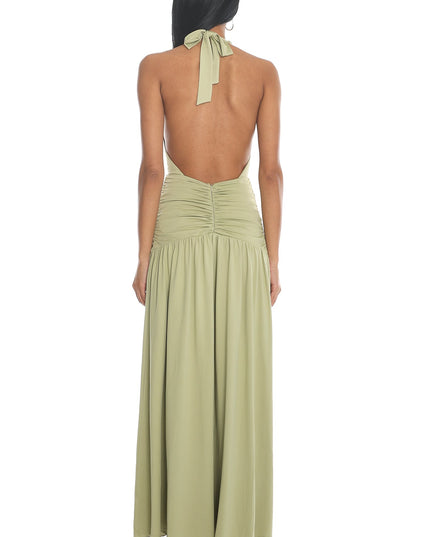 Sage Halterneck Ruched Maxi Dress