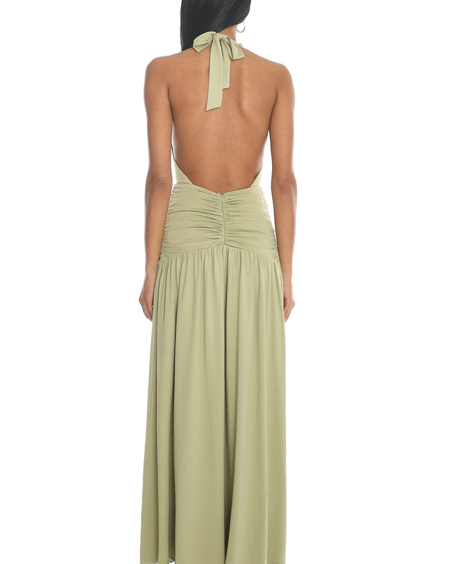 Sage Halterneck Ruched Maxi Dress