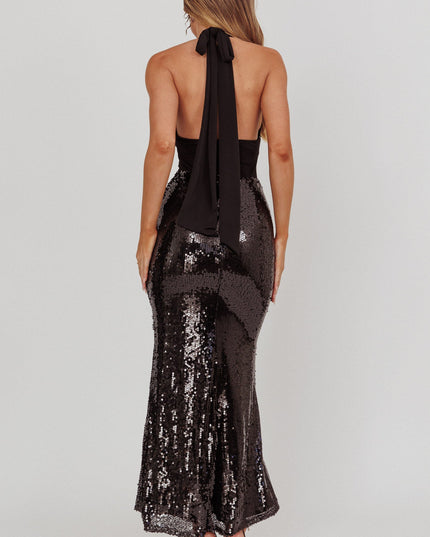 Black Azure Halterneck Sequin Maxi Dress