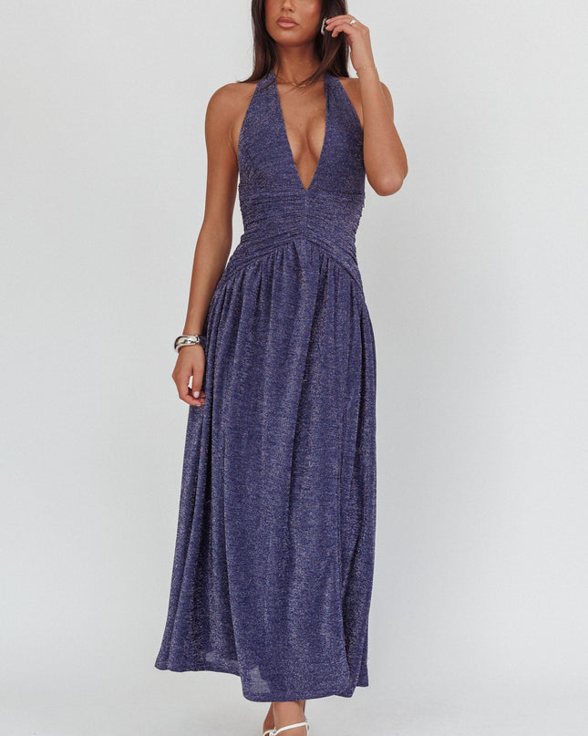 Navy Azure Gathered Waist Maxi Dress Shimmer
