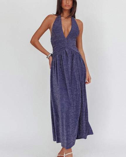 Navy Azure Gathered Waist Maxi Dress Shimmer