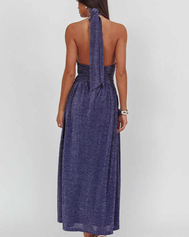 Navy Azure Gathered Waist Maxi Dress Shimmer