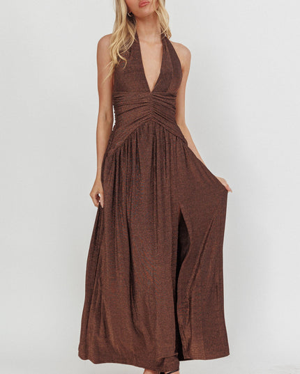 Chocolate Azure Gathered Waist Maxi Dress Shimmer