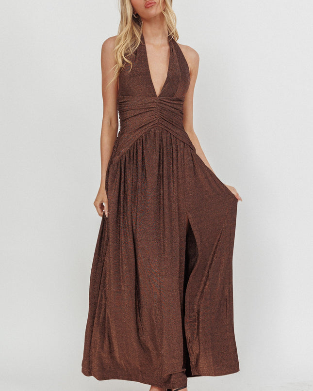Chocolate Azure Gathered Waist Maxi Dress Shimmer