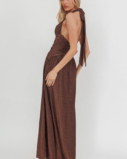 Chocolate Azure Gathered Waist Maxi Dress Shimmer
