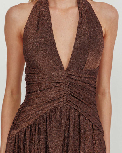Chocolate Azure Gathered Waist Maxi Dress Shimmer