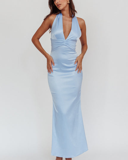 Light Blue Azure Pleat Bodice Halterneck Maxi Dress
