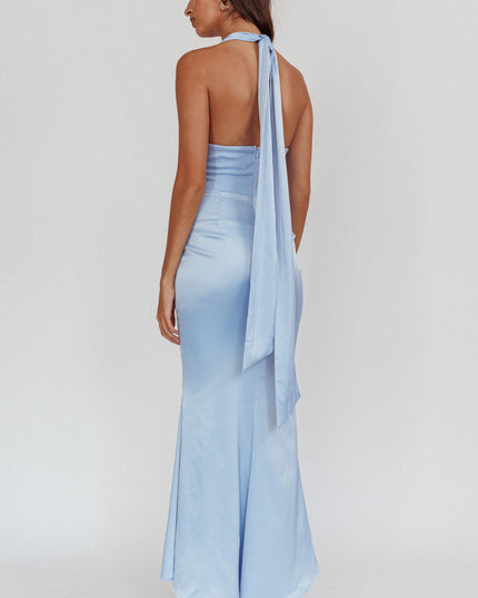 Light Blue Azure Pleat Bodice Halterneck Maxi Dress