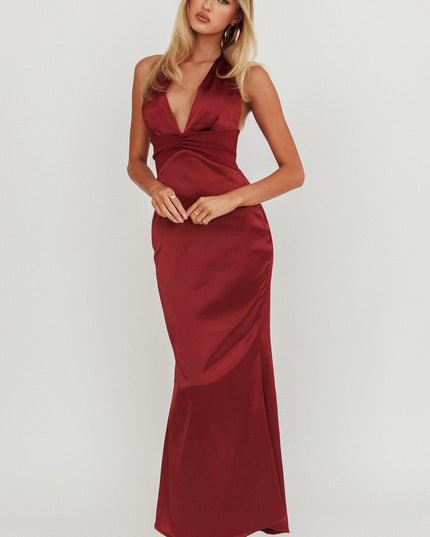 Wine Azure Pleat Bodice Halterneck Maxi Dress