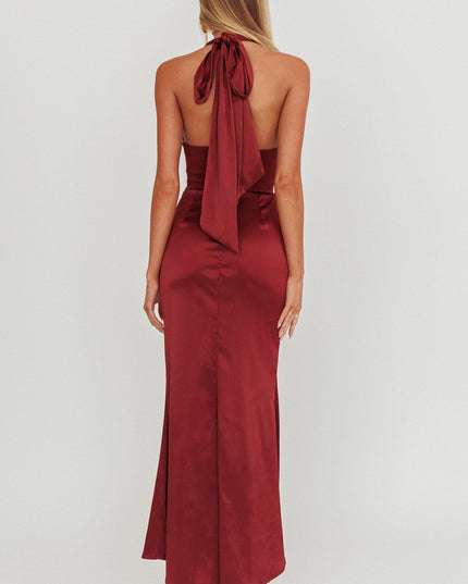 Wine Azure Pleat Bodice Halterneck Maxi Dress