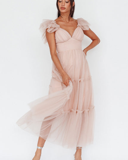 Nude Ruffle Shoulder Tulle Midi Dress