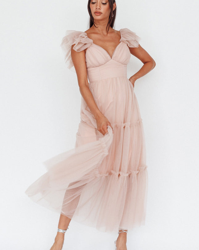 Nude Ruffle Shoulder Tulle Midi Dress
